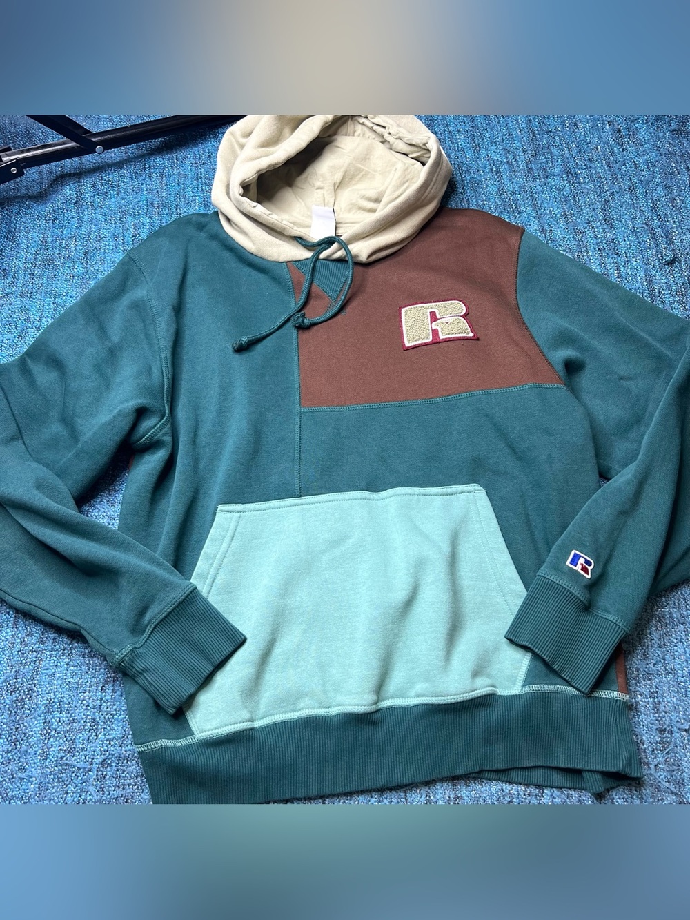 Russell Athletic Colorblock Pullover Hoodie in Green Brown Women's Large Retro